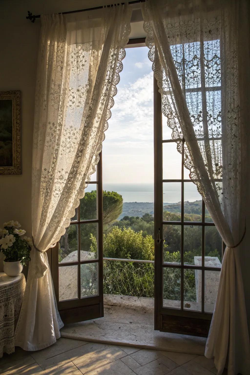 Lace curtains frame and enhance scenic views.