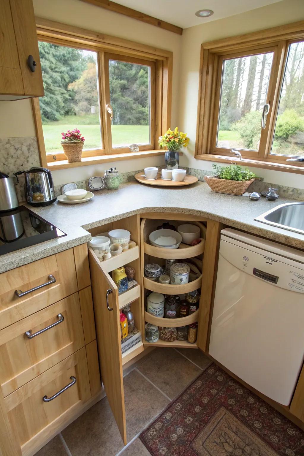 Corner storage solutions maximize space and keep items accessible in a small kitchen.