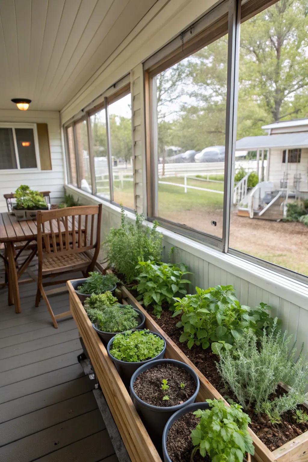 A herb garden on the porch provides fresh flavors and delightful scents for your home.