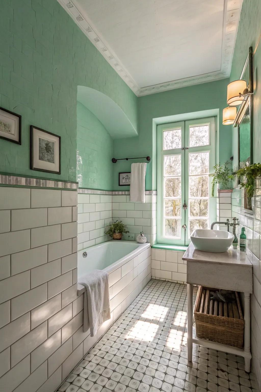 A tranquil bathroom retreat with seafoam green walls.