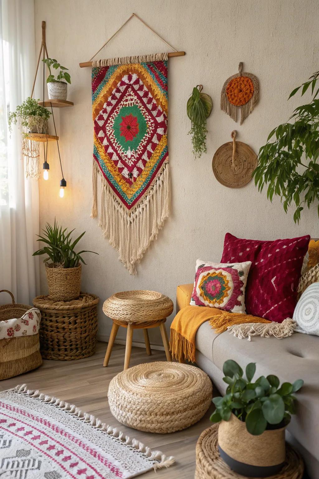 A cozy crochet wall hanging, adding warmth to any room.