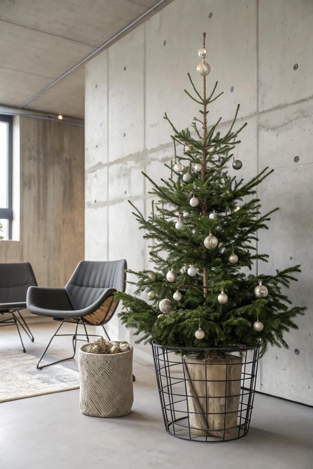 A wire basket adds a minimalist and industrial touch to your tree base.