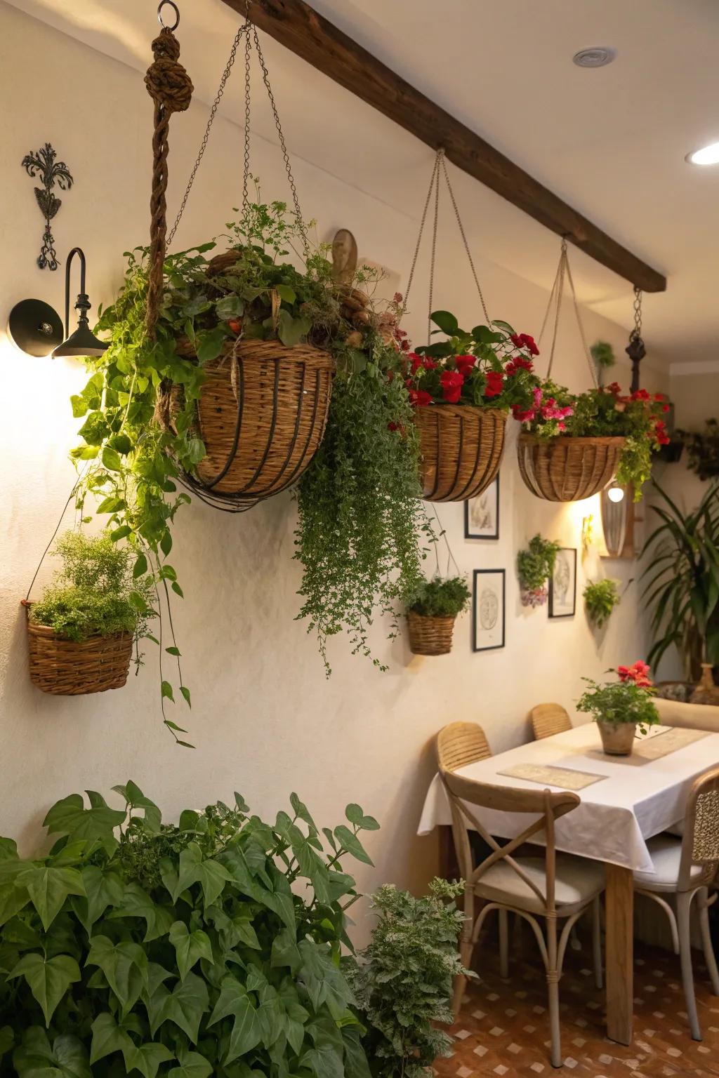 Hanging baskets on wall hooks create a colorful and versatile plant display.