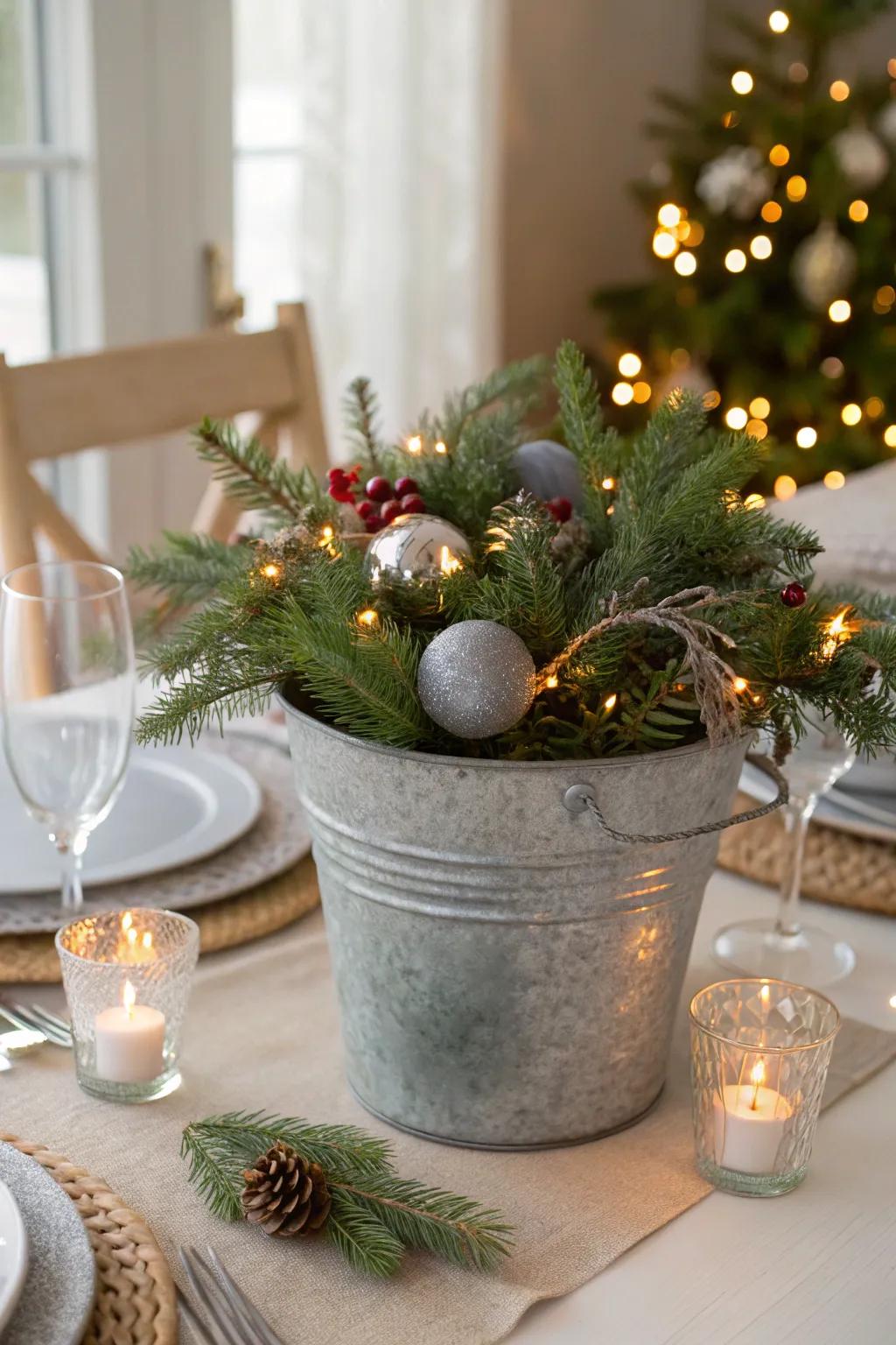 A galvanized bucket becomes a festive holiday centerpiece.