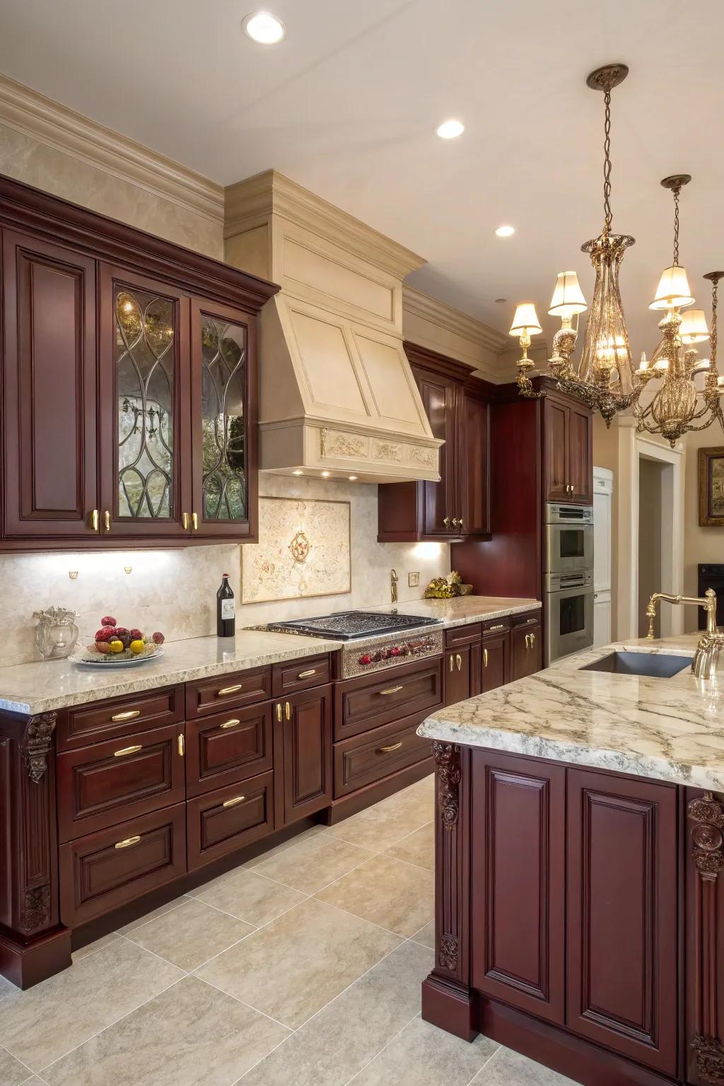 Sophisticated maroon cabinets add elegance and depth.