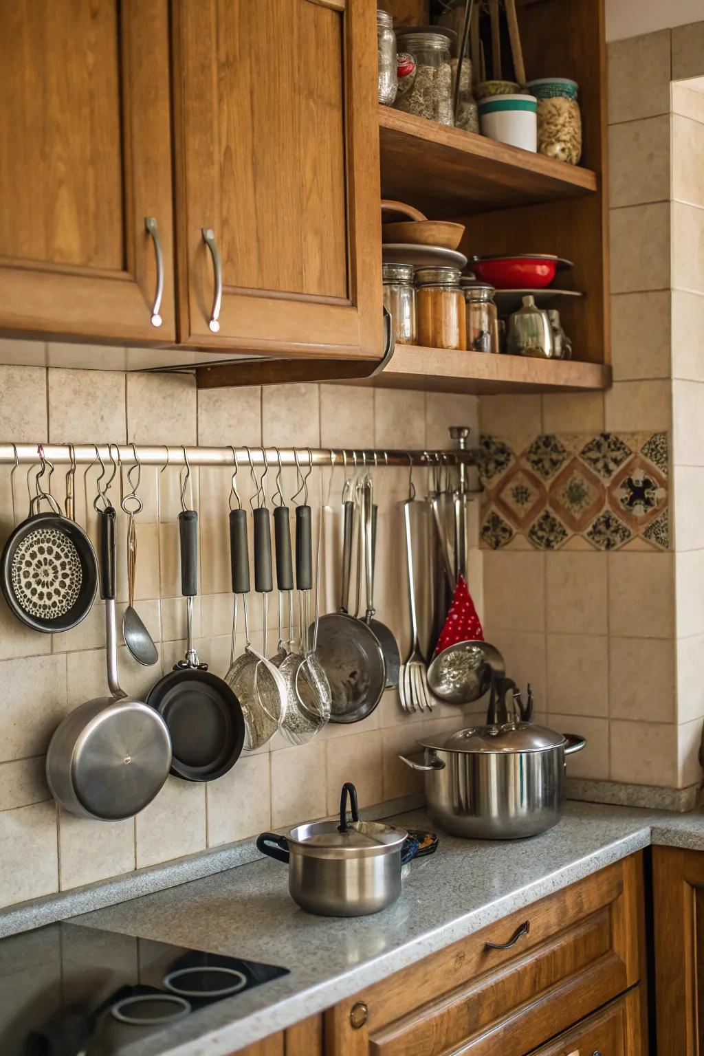 Hooks provide convenient storage for frequently used utensils.