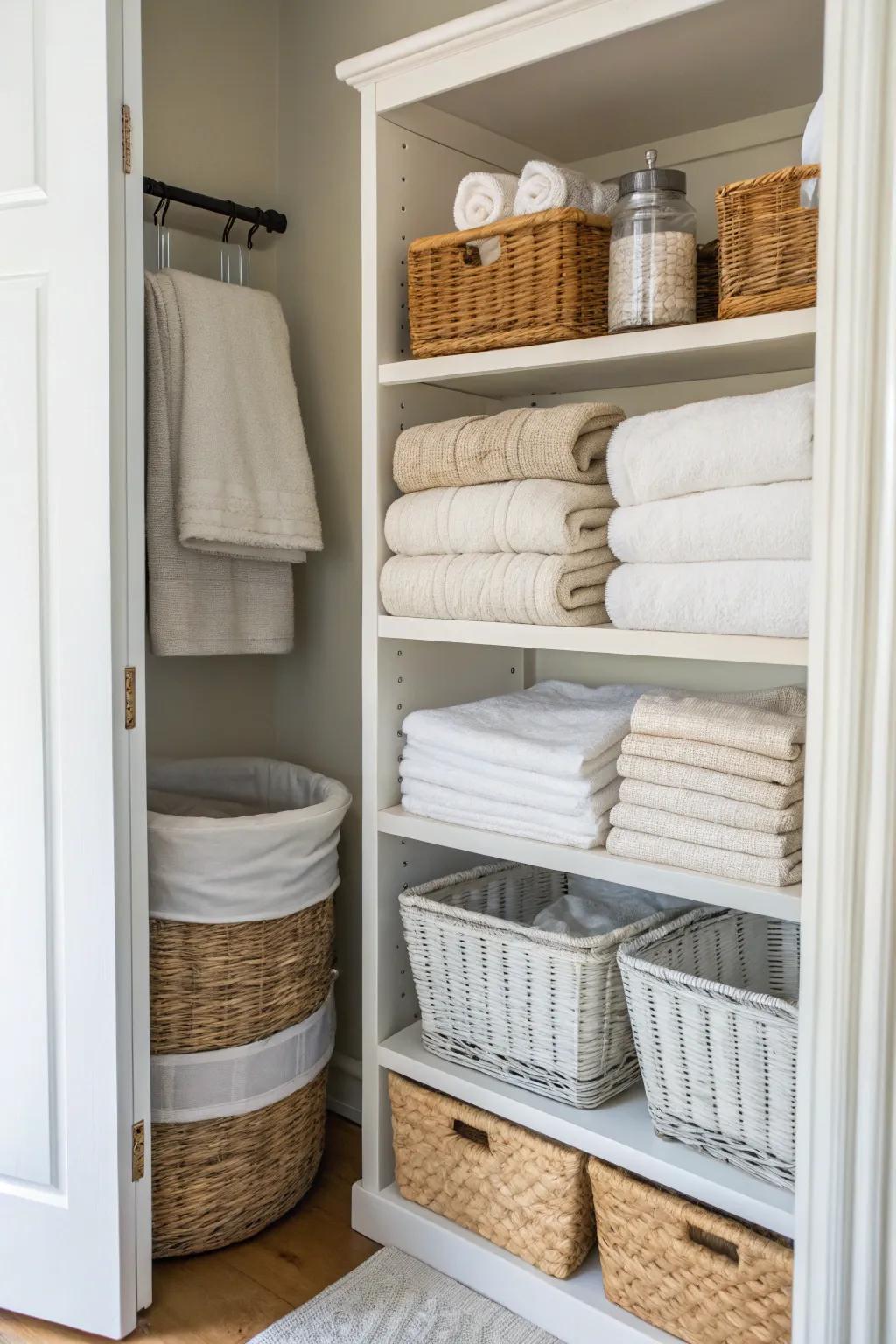 A relaxed and functional approach to linen closet organization.