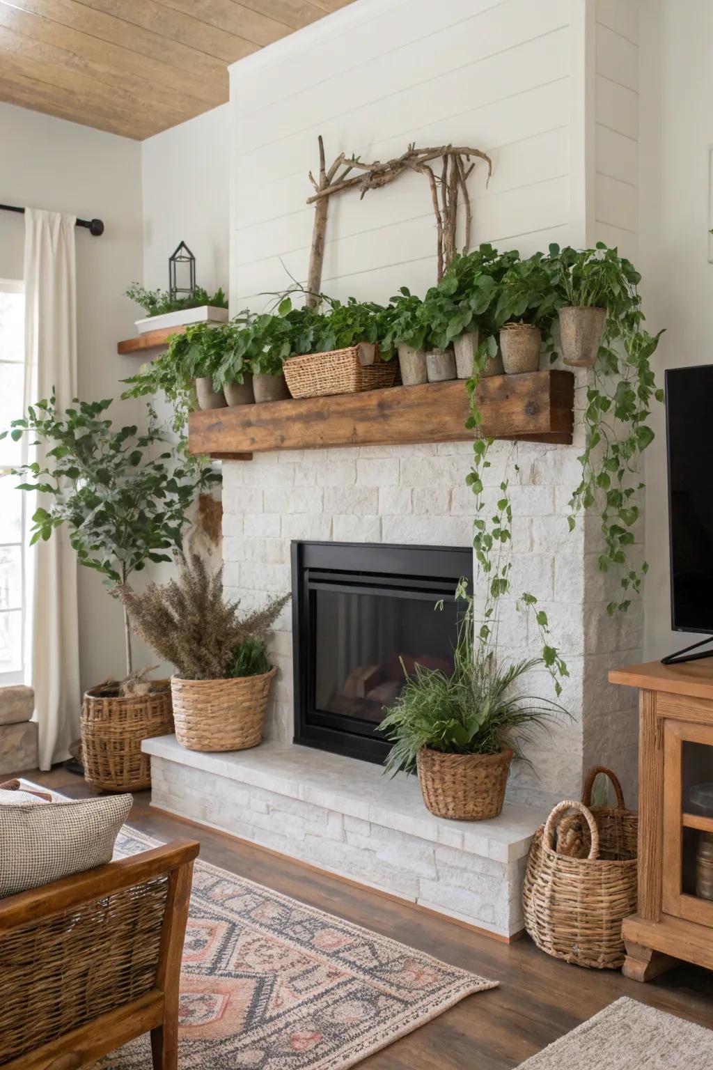 A living room featuring a live edge mantel adorned with lush greenery.