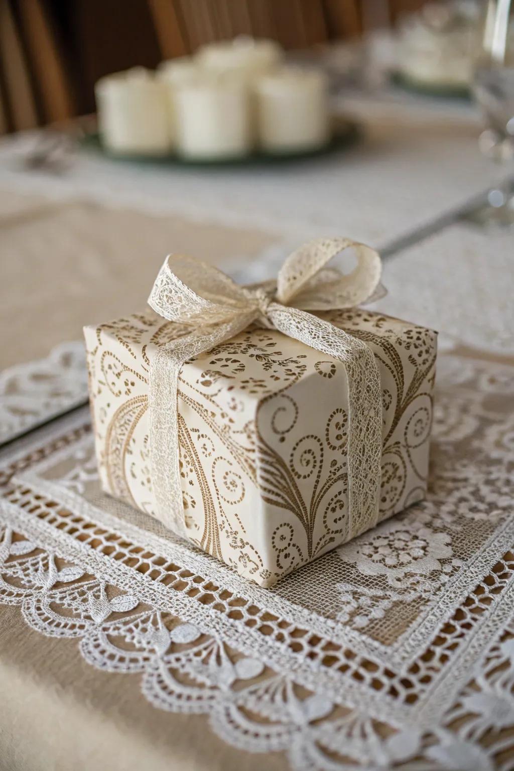 Lace details provide a delicate and intricate touch to gift wrapping.