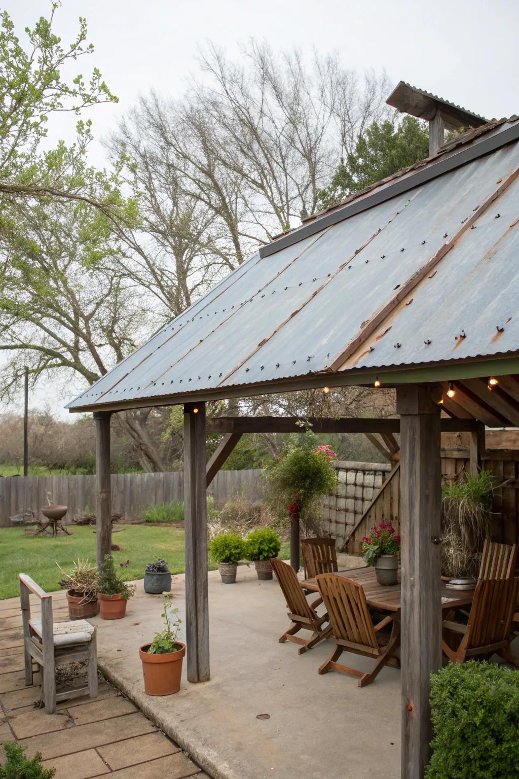 A weathered metal roof adds rustic charm and warmth to this inviting patio.