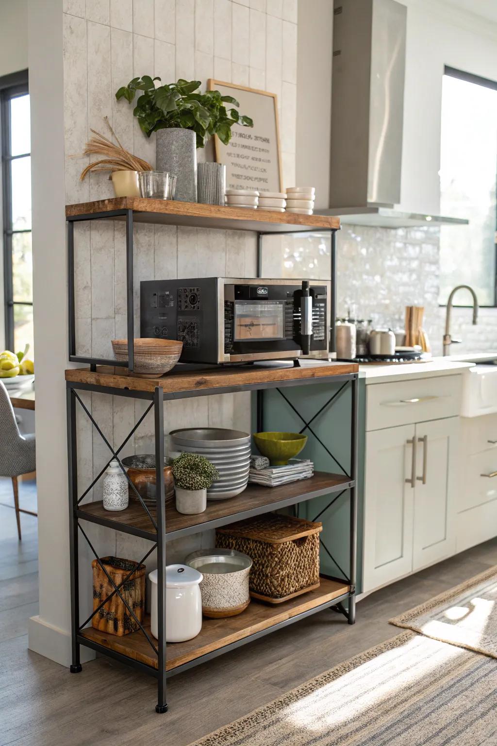 An eclectic mix of materials for a unique microwave shelf.