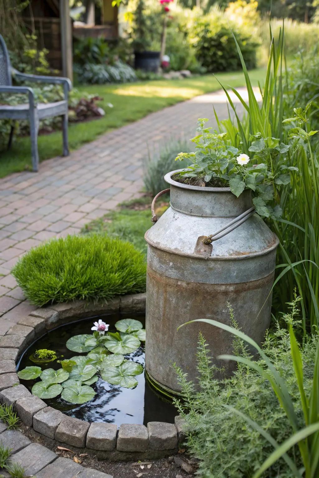 A milk can becomes a soothing water feature for the garden.