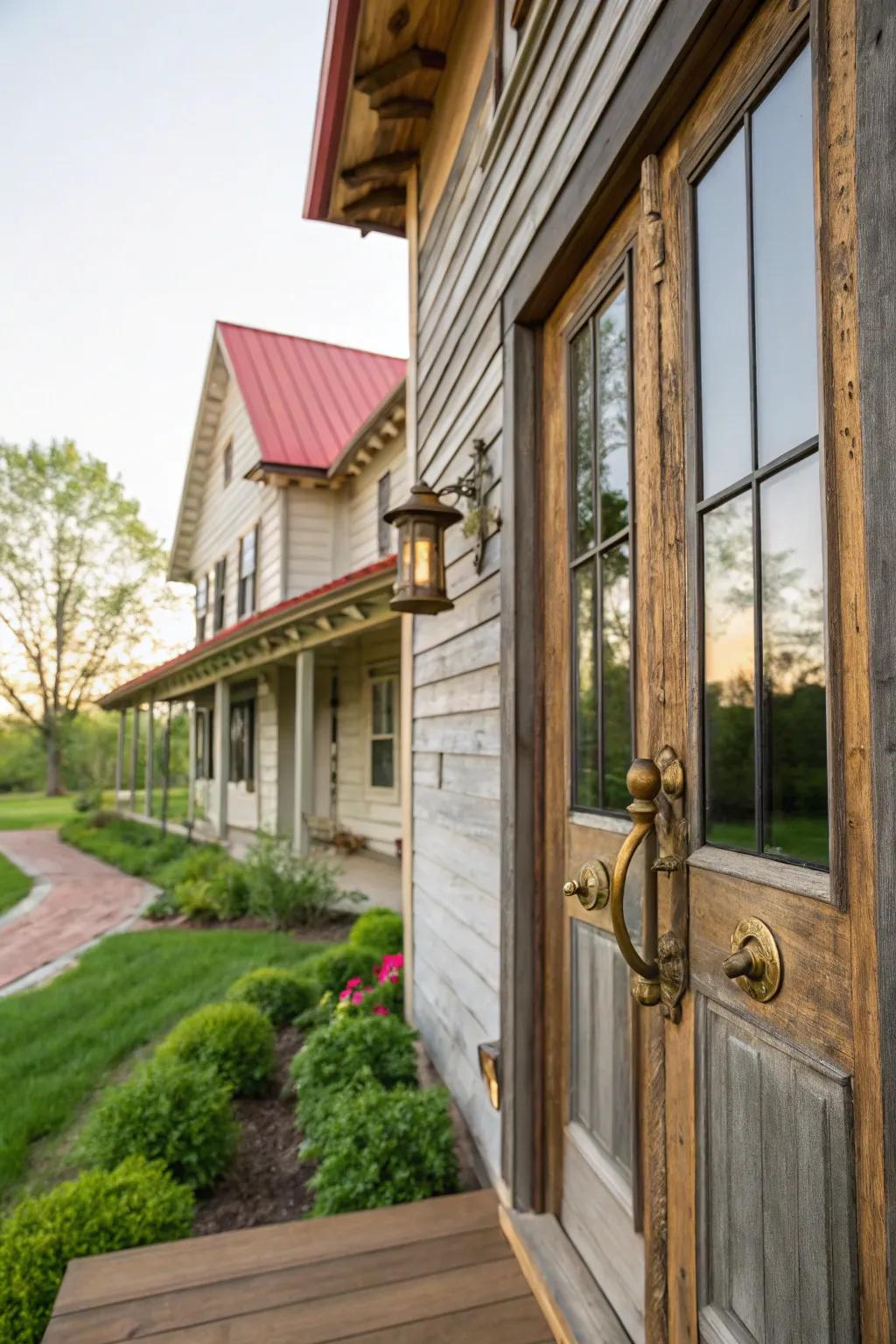 Antique brass fixtures add timeless elegance to this farmhouse exterior.