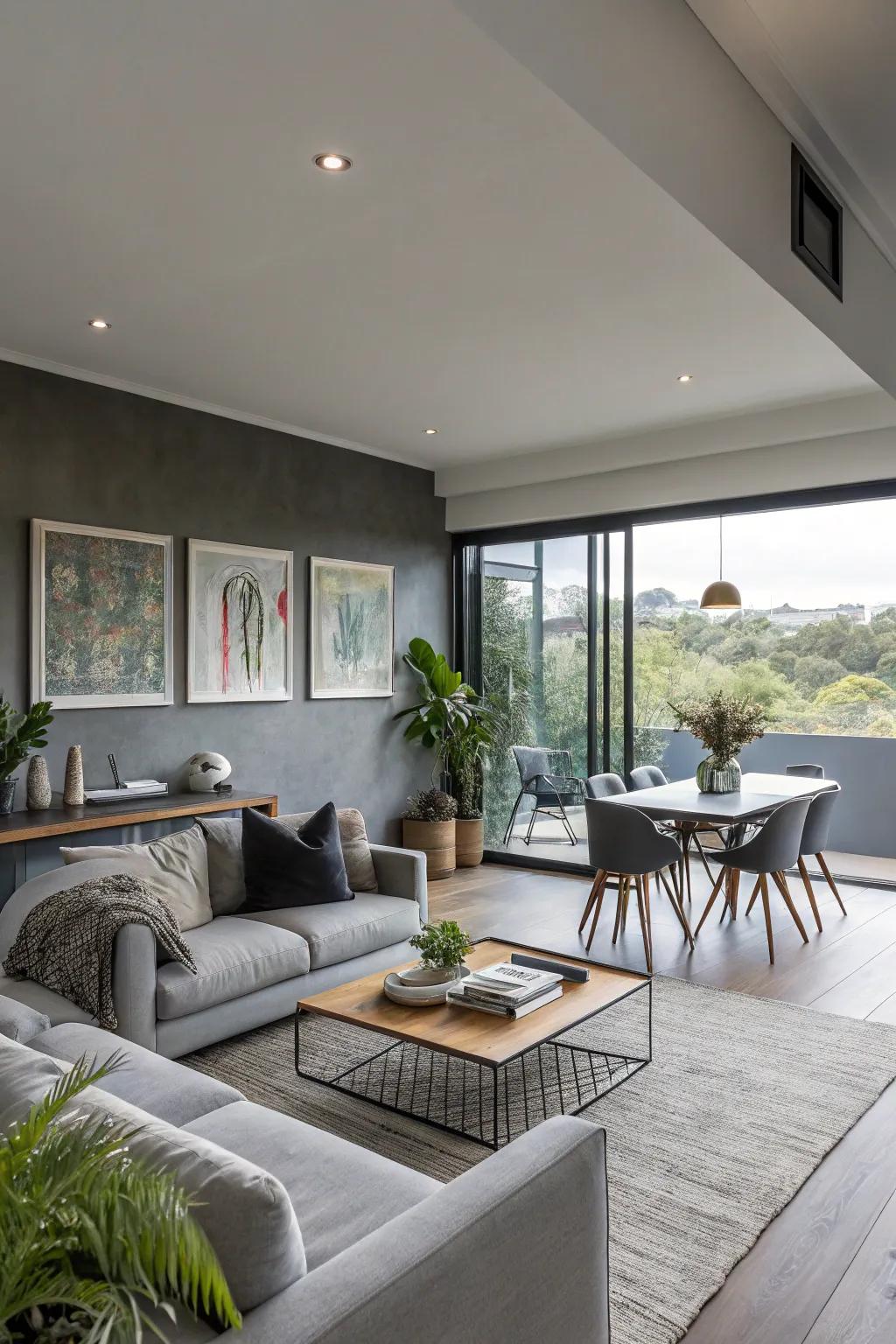 Gray walls help define zones in an open-plan living area.