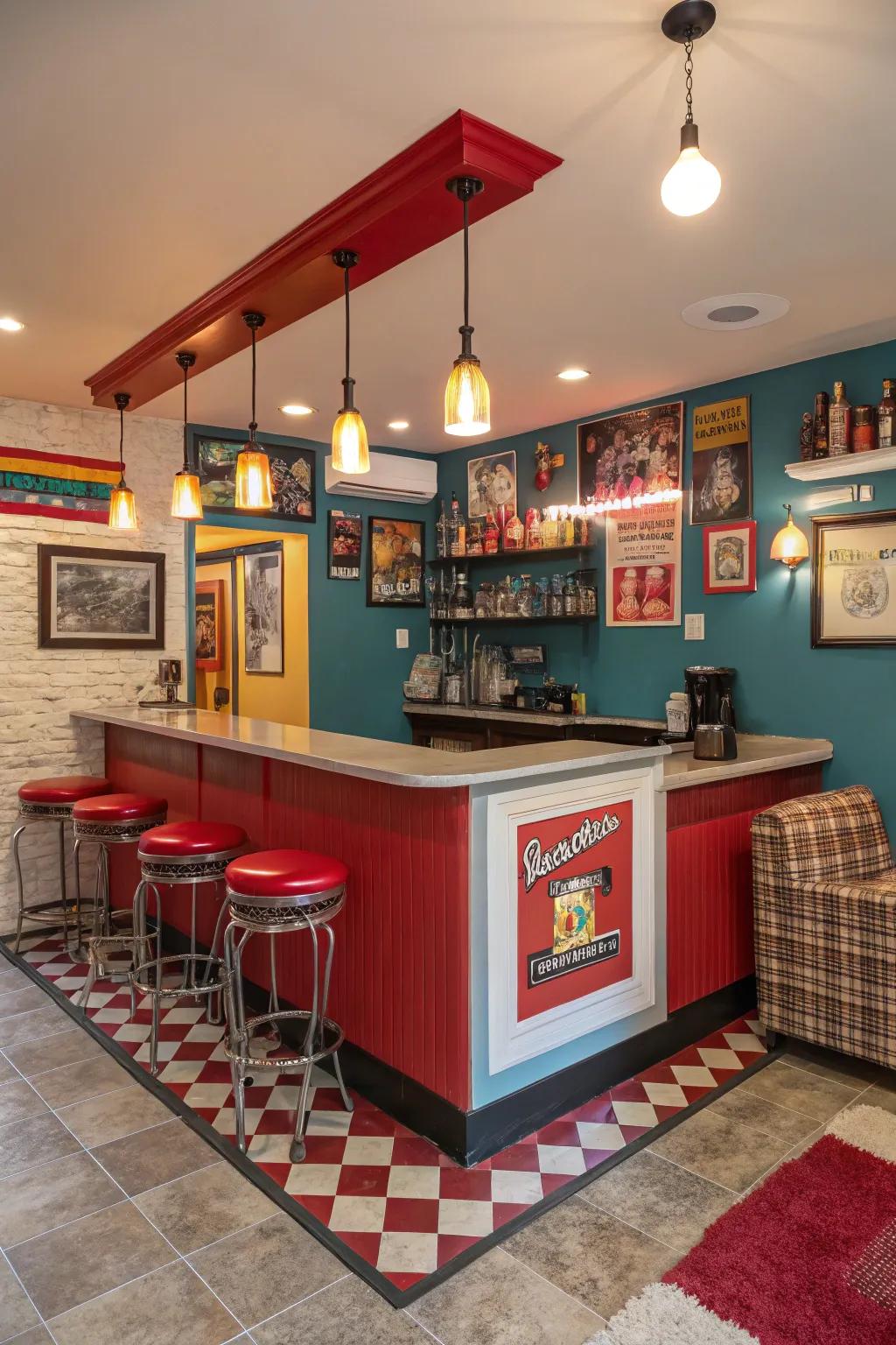 A retro revival L-shaped bar with nostalgic charm.