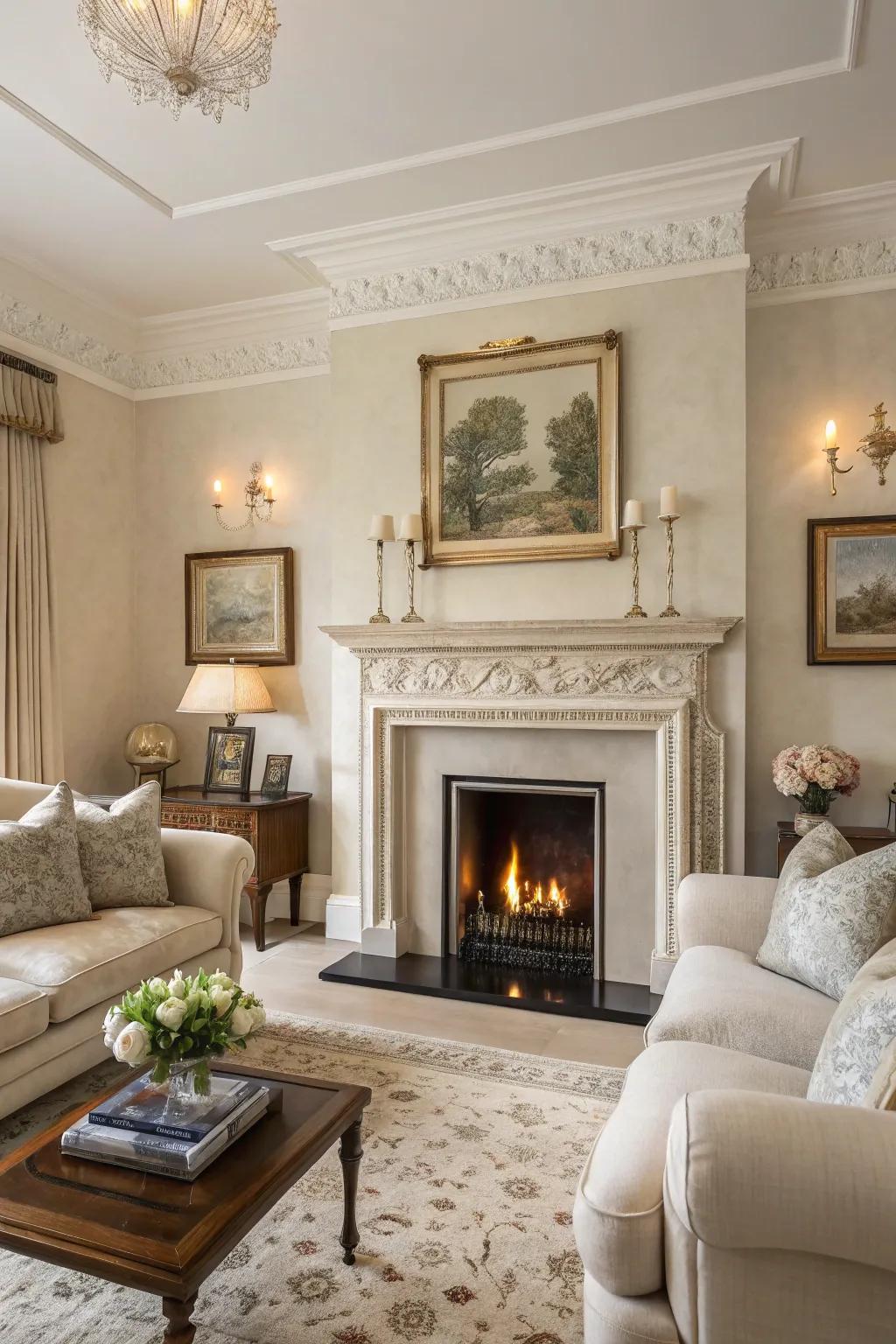 A timeless plaster fireplace offers enduring elegance and style.