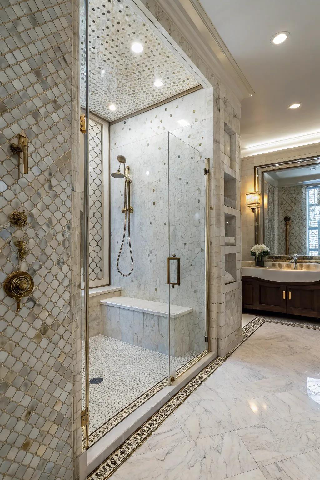 All-over marble mosaics create a lavish shower sanctuary.