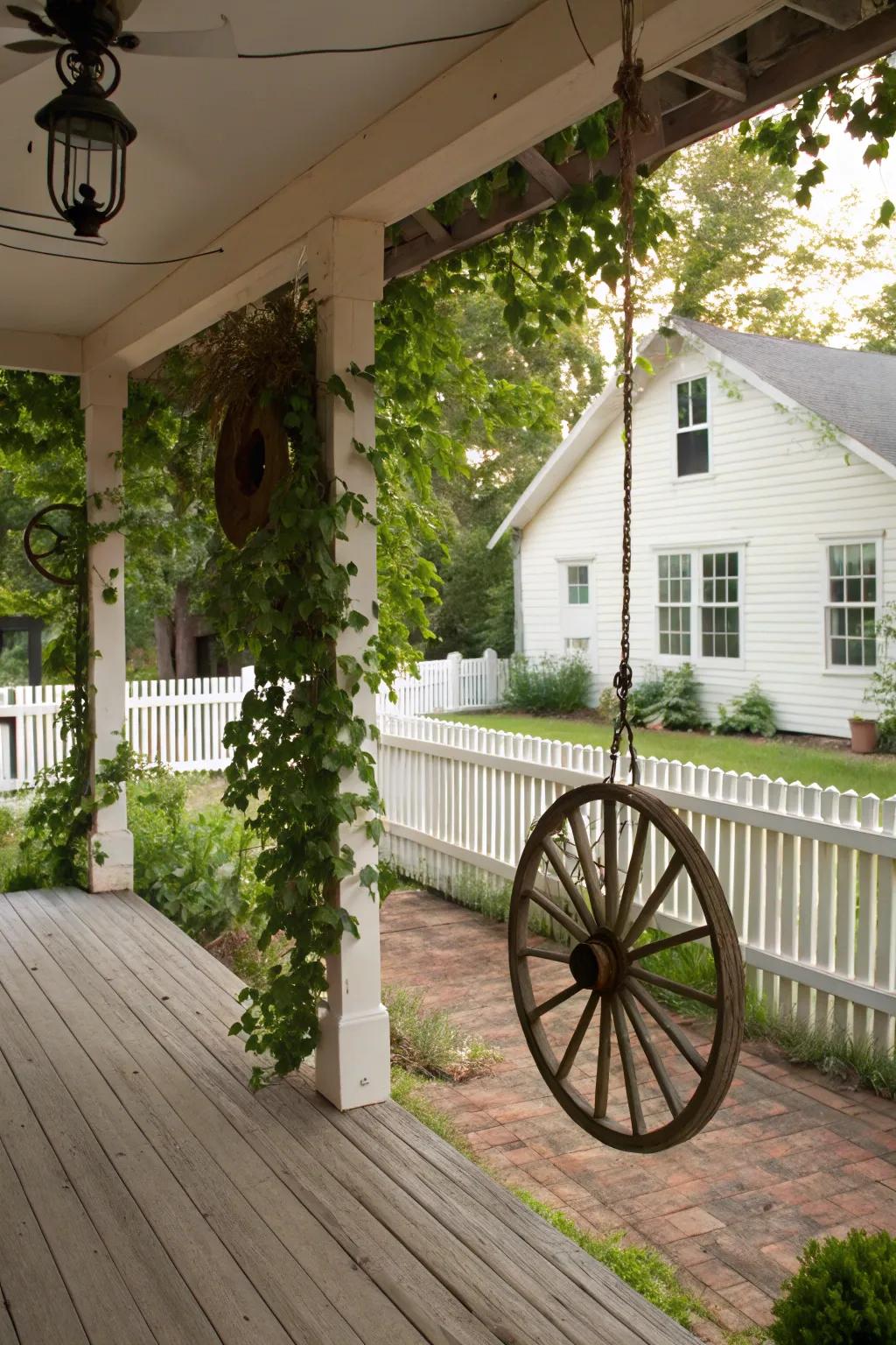 A wagon wheel wind chime adds soothing sounds to the porch.