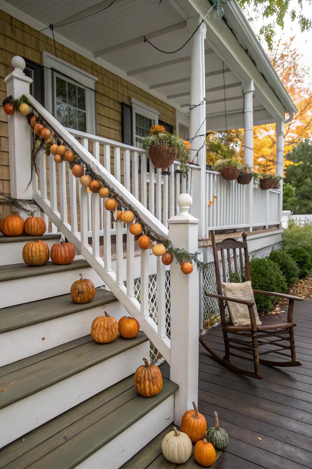 A gourd garland adds a playful touch to outdoor decor.