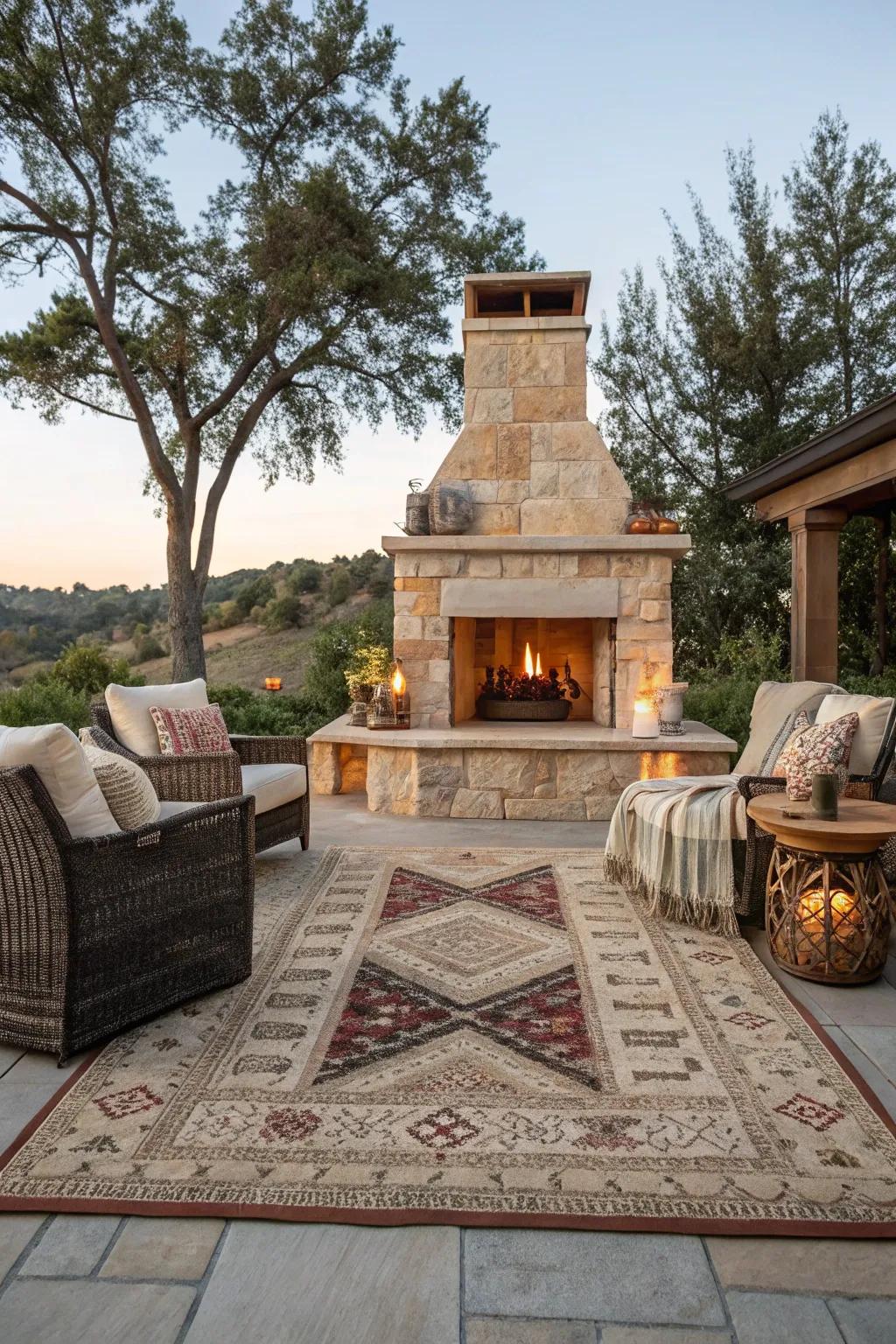 Layered rugs bringing warmth and style to the outdoor fireplace.