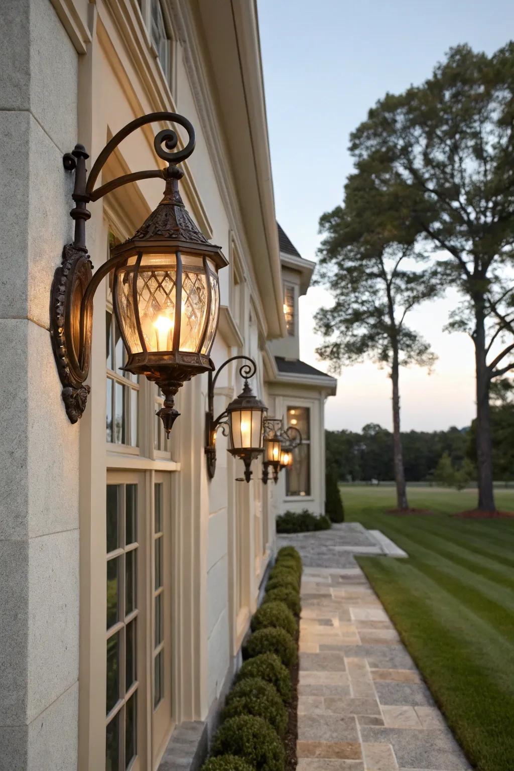 Bronze sconces add elegance to traditional exteriors.