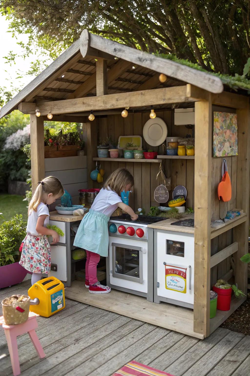 An outdoor kitchen playhouse for budding chefs and culinary fun.