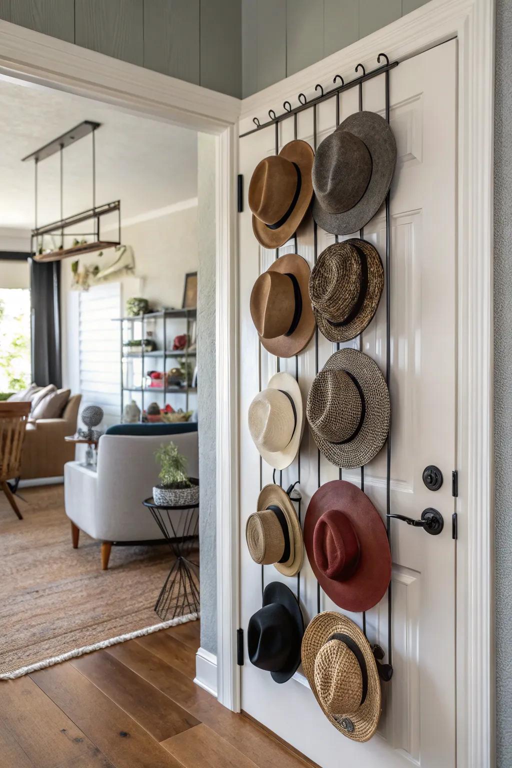 Organize your hats stylishly with a door-mounted organizer.