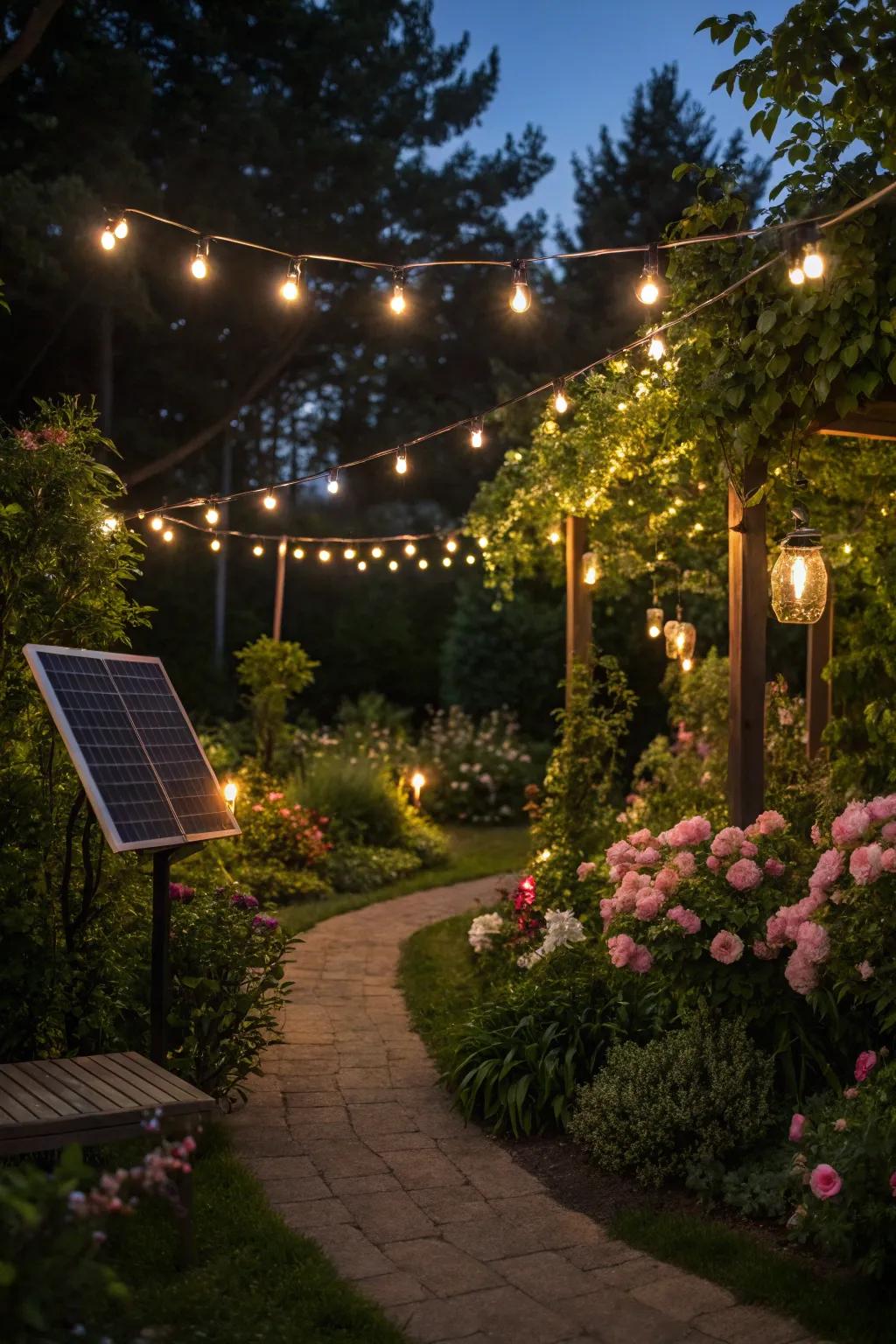 Lighting features transform the garden into a magical nighttime escape.