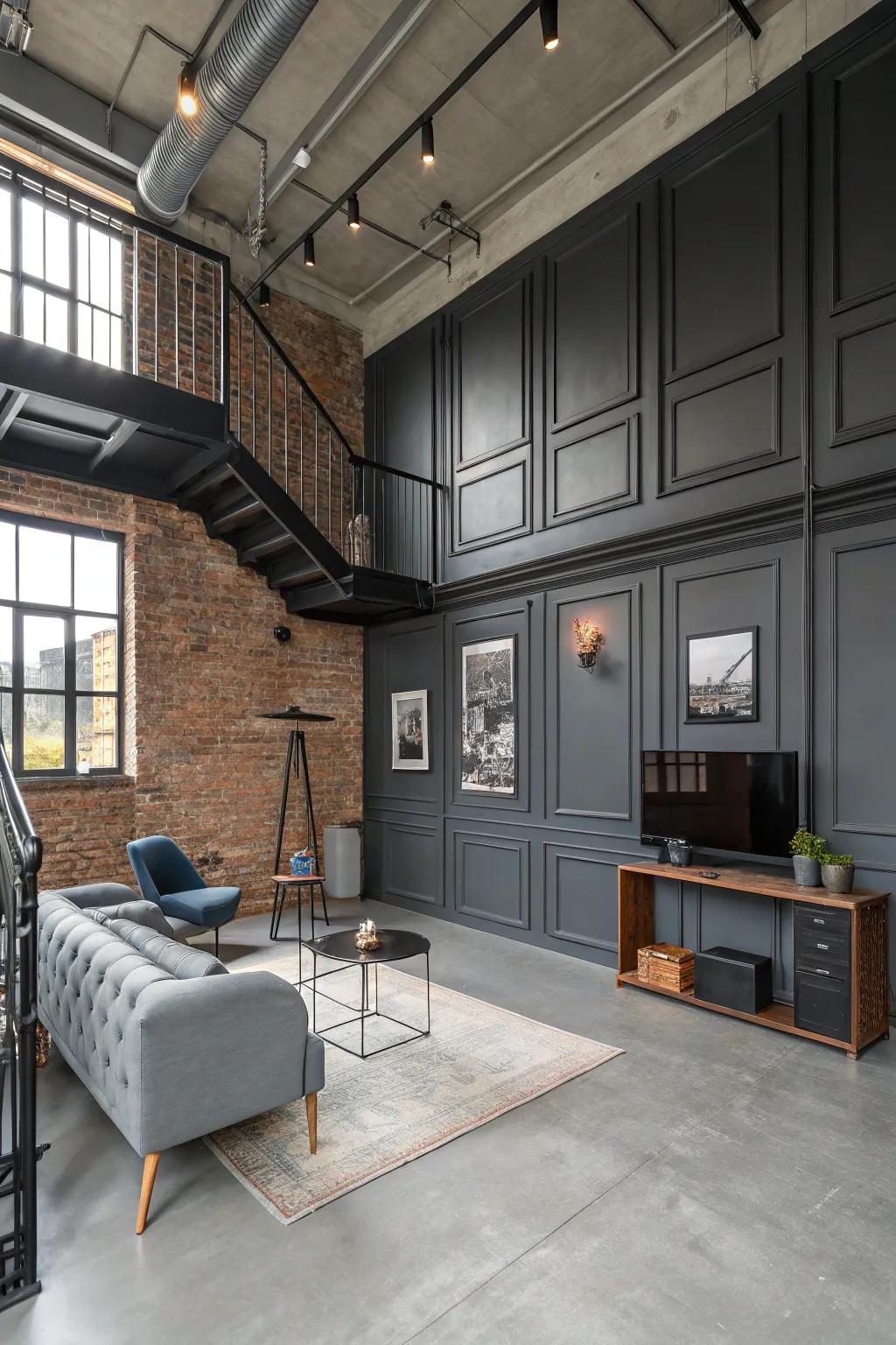 Industrial chic paneling adds edgy elegance.