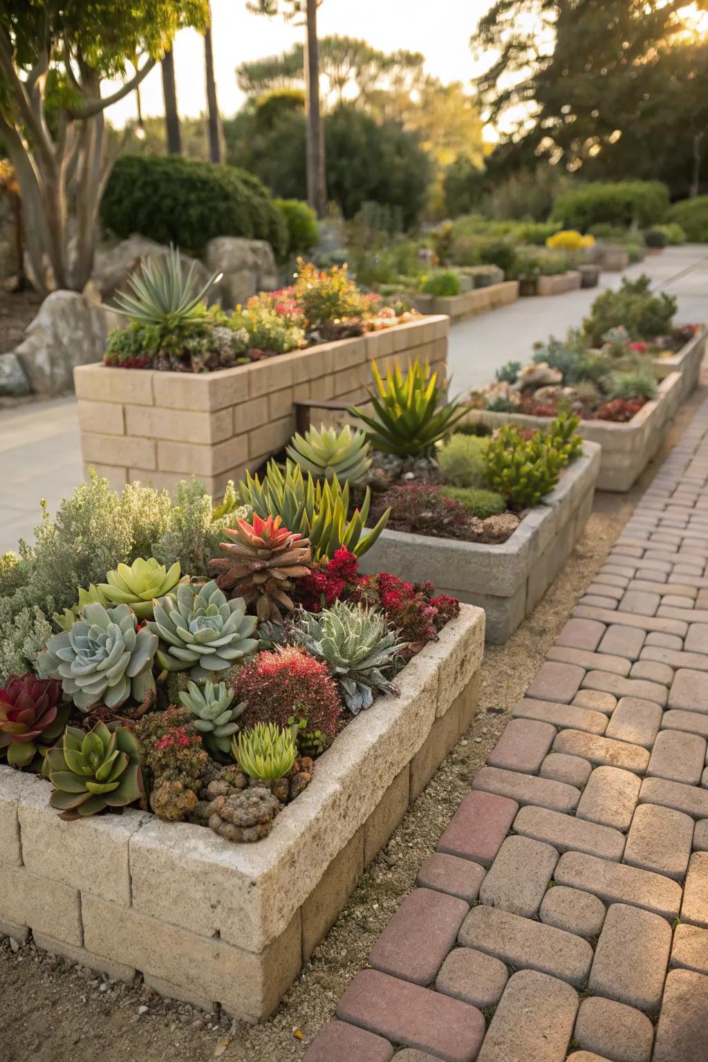 Succulents in paver planters provide texture and color with minimal care.