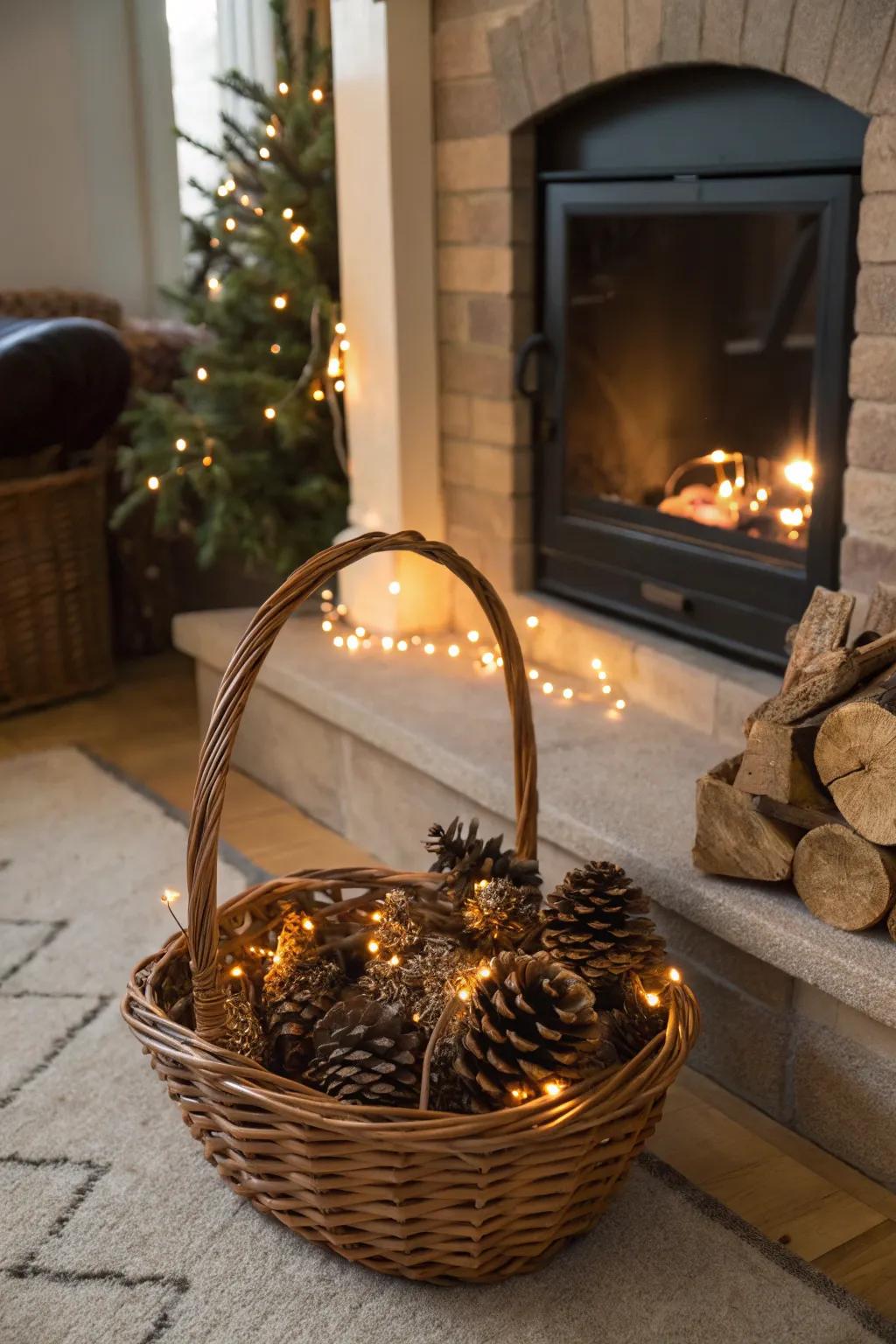 Create a cozy corner with a pine cone basket arrangement.