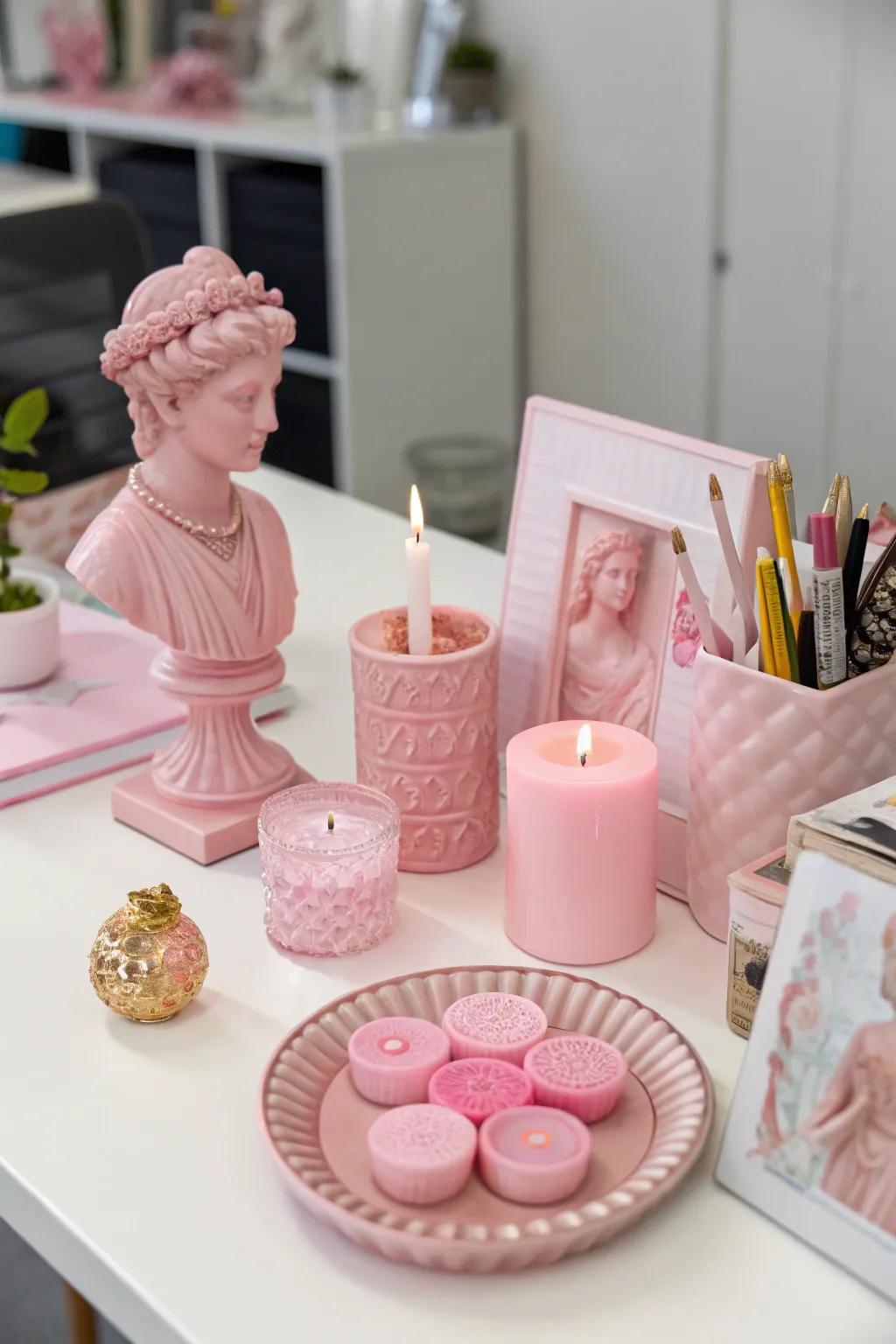 Pink tabletop decor adds character and charm to your office.