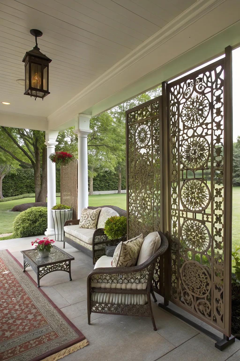 Decorative screen panels add a touch of artistry and privacy to your porch.