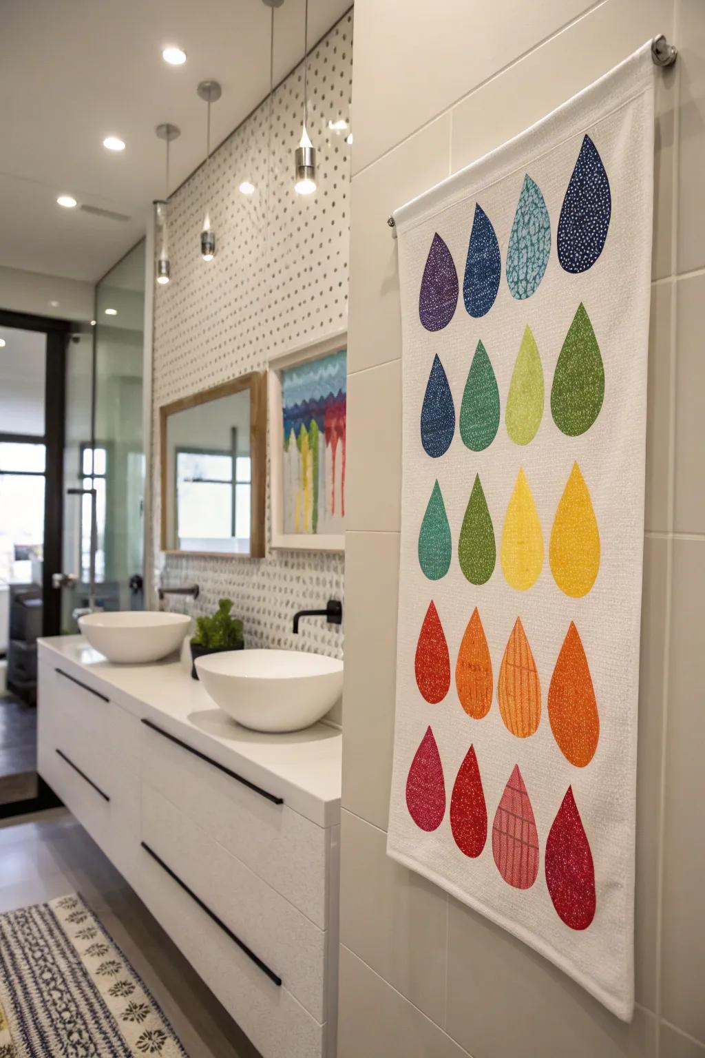 Rainbow raindrops adding a soothing touch to a modern bathroom.