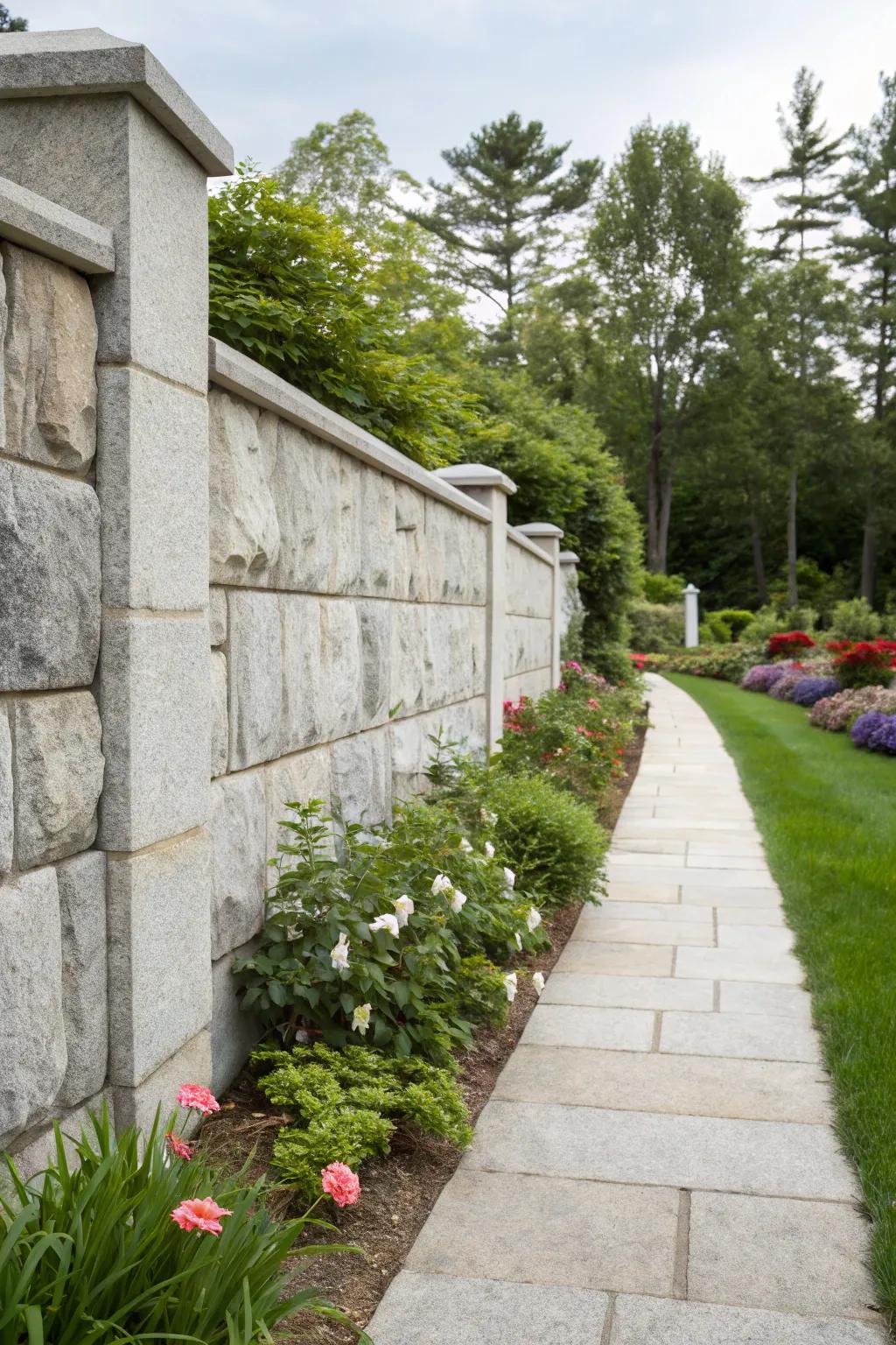 A granite rock wall adds structure and elegance to a garden.