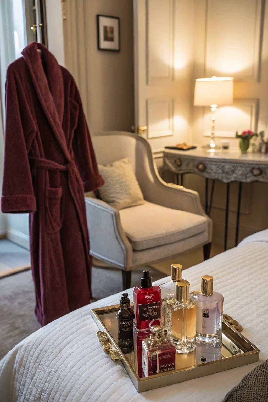 Luxurious extras like perfumes and robes add indulgence to the room.