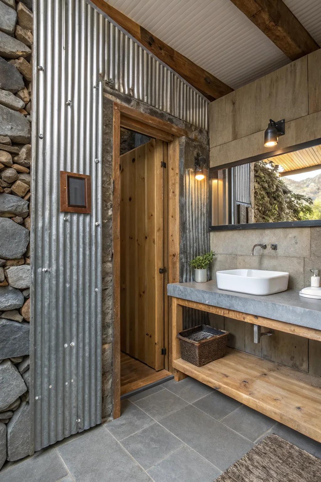 Corrugated metal combined with wood and stone creates a balanced rustic atmosphere.