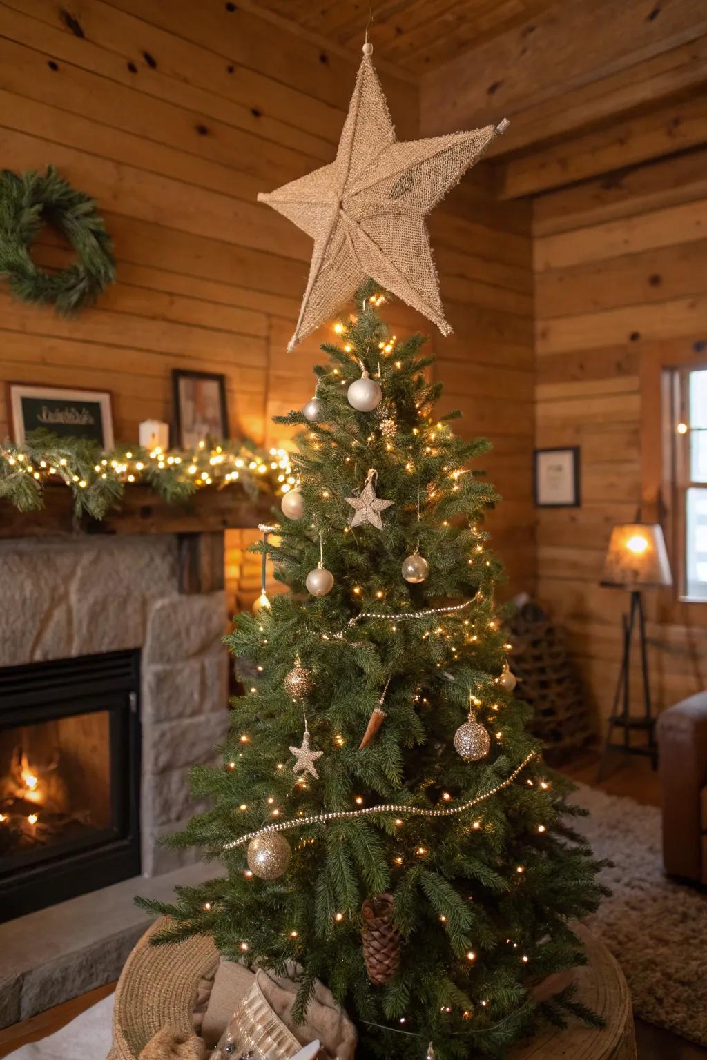 A fabric star made from natural textiles adds a handcrafted touch to the rustic tree.