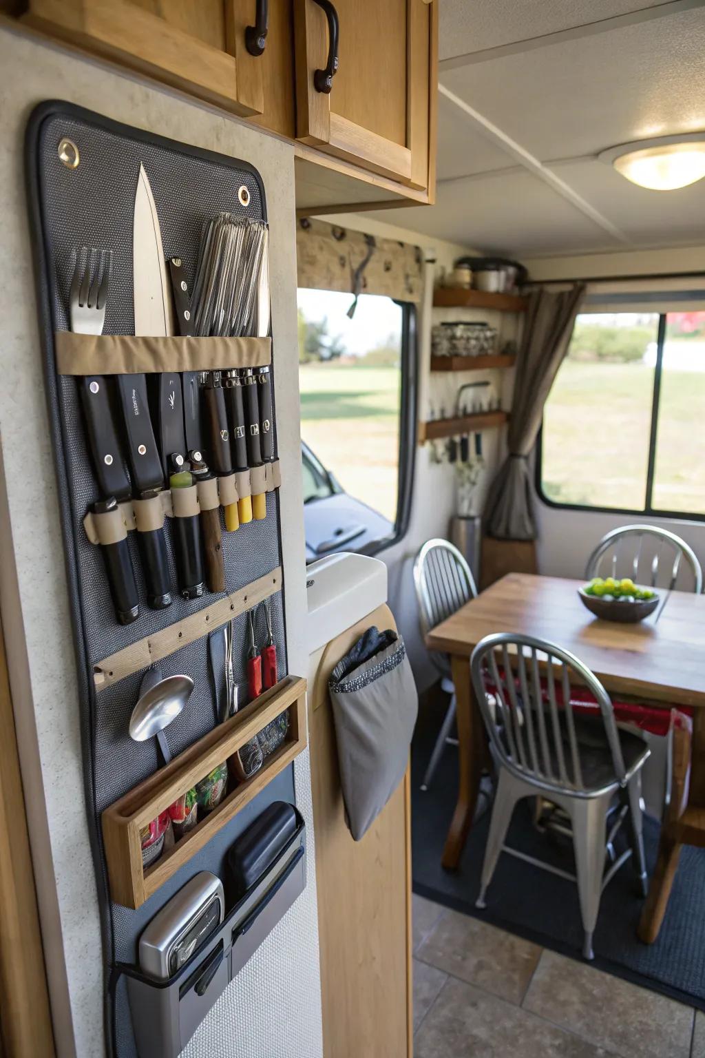 Magnetic strips offer a clever way to organize and declutter your RV.