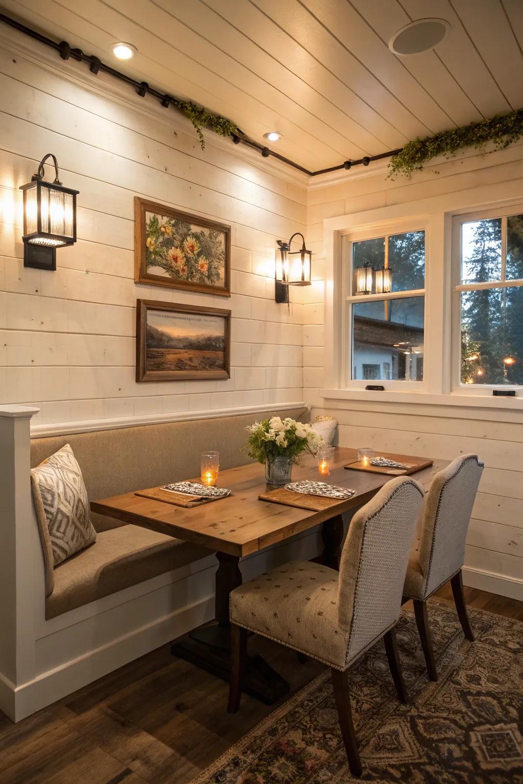 A dining nook with cozy charm and shiplap wainscoting.