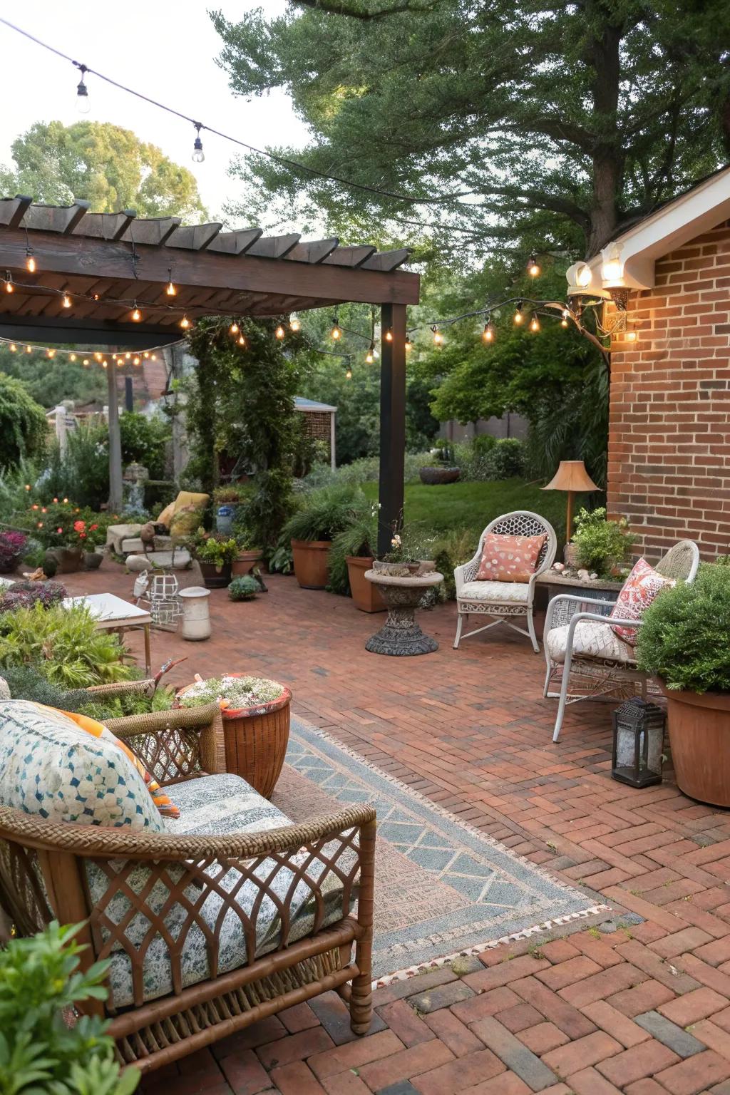 An eclectic brick patio with mixed furniture and decor.