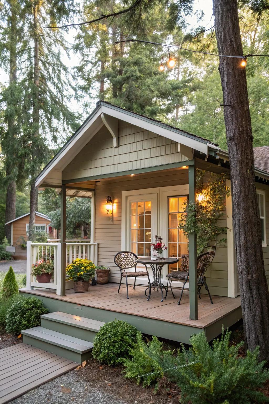 A small porch enhances the cabin's charm and outdoor appeal.