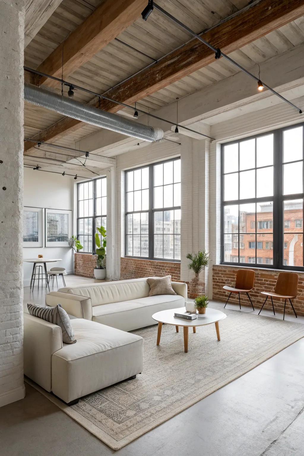 Minimalist decor creating a spacious and serene loft environment.