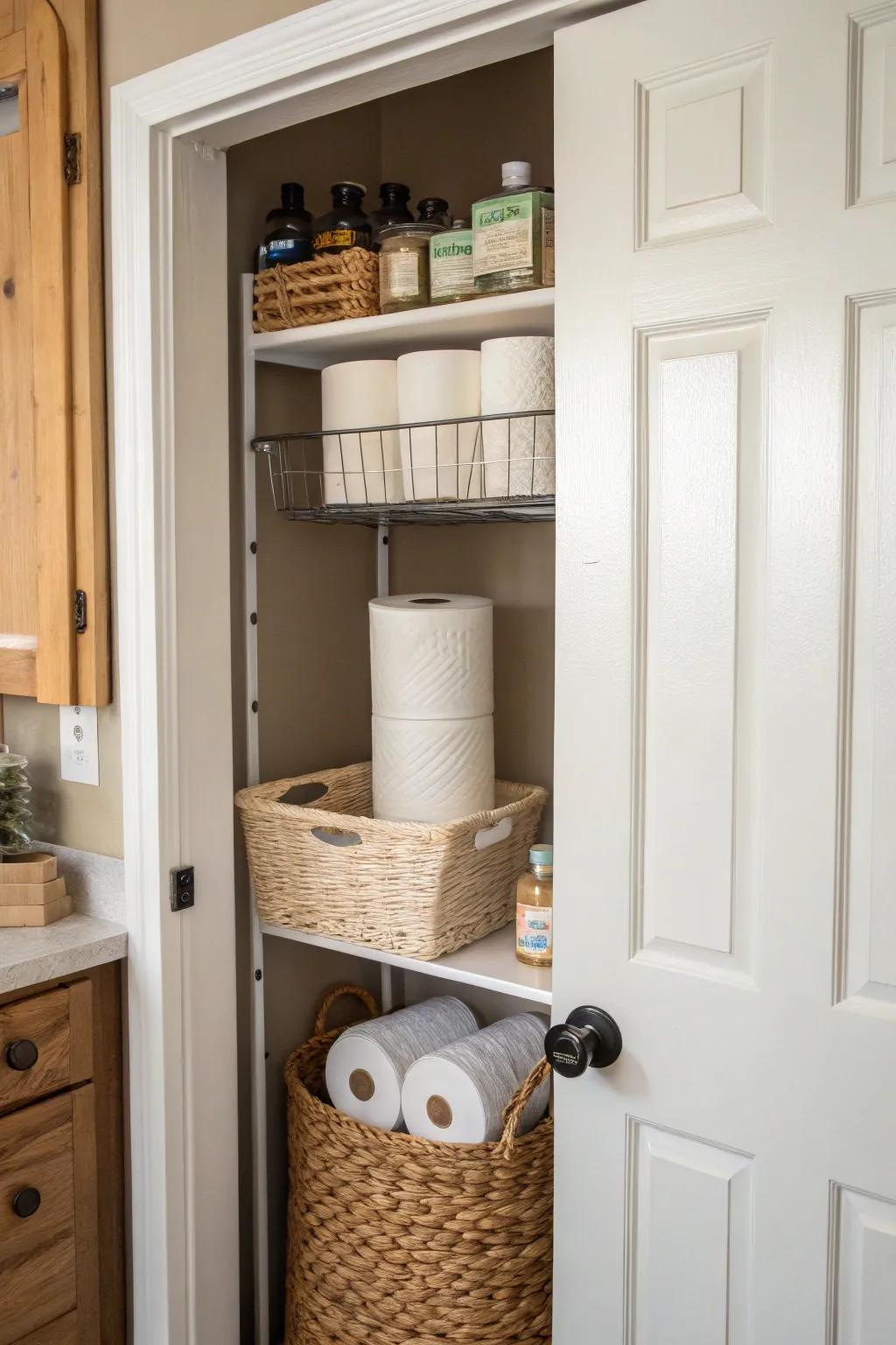 Hanging shelves on doors maximize storage in small pantries.