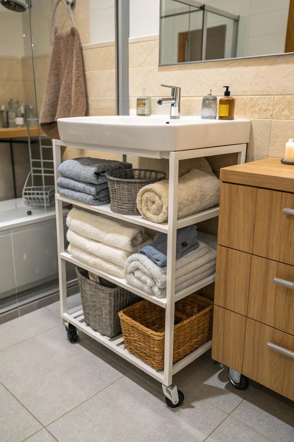 A rolling cart provides flexible and versatile towel storage.