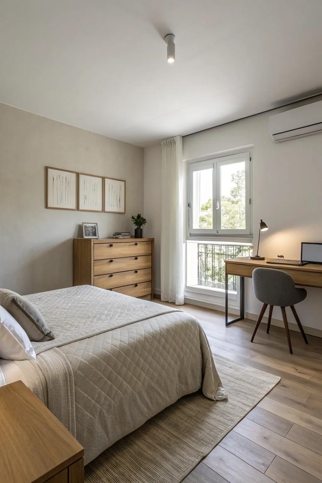 Minimalism brings serenity and focus to this stylish townhouse bedroom.