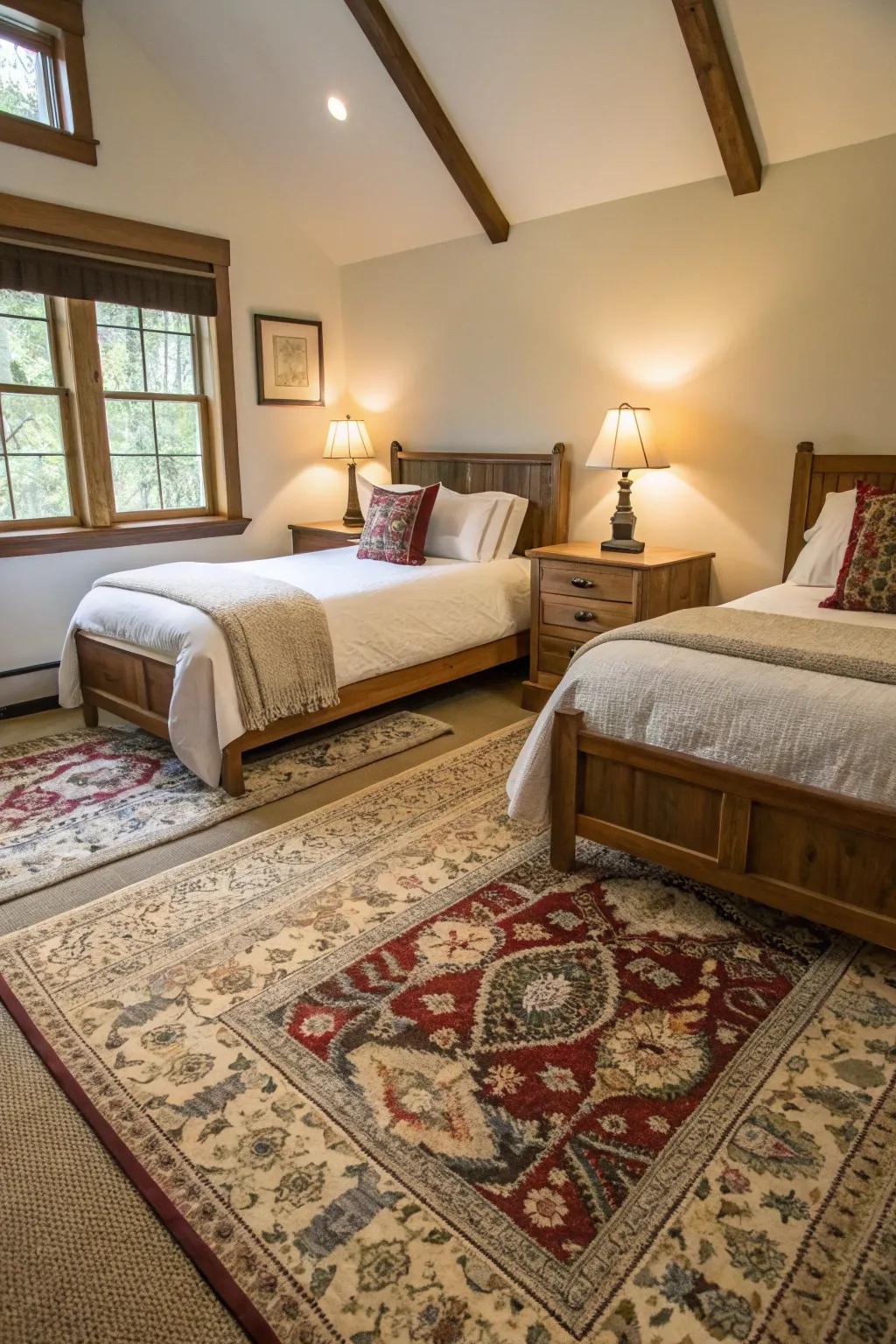 Rugs define and enhance the twin bedroom space.