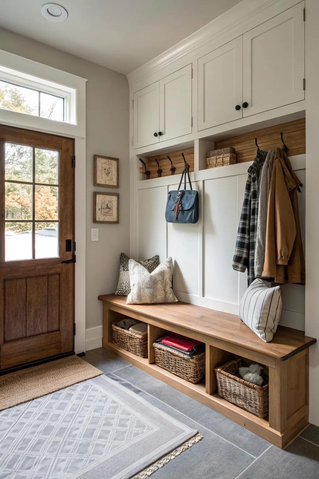 A mini mudroom providing organization and style to a corner.