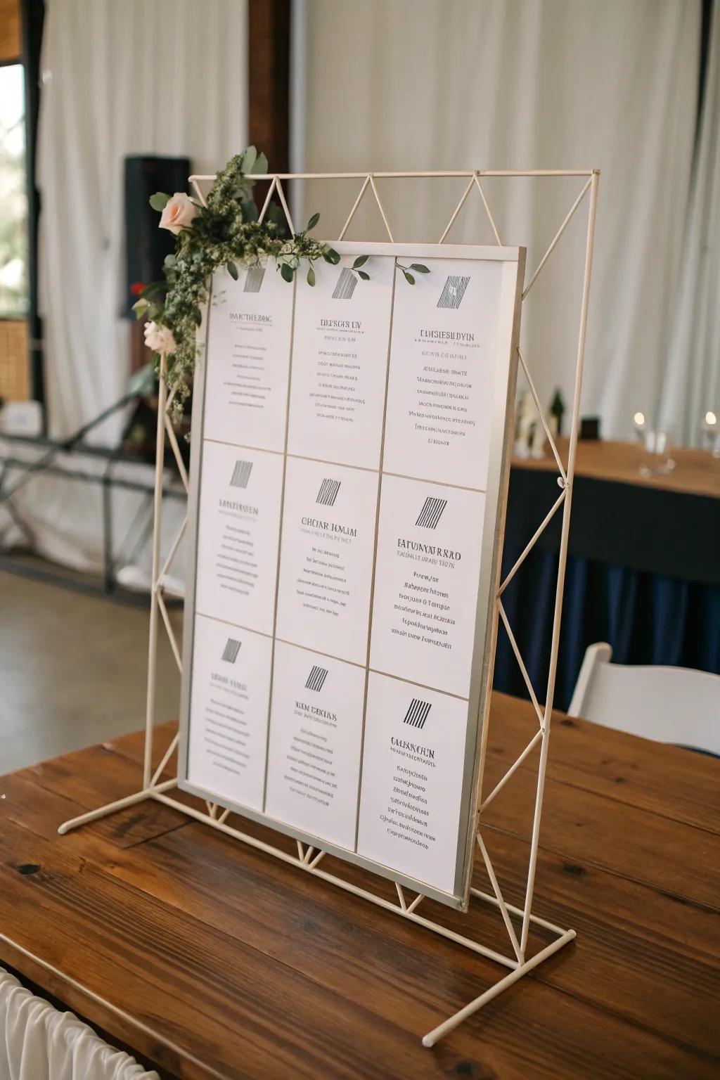 A minimalist wire frame holding seating cards, offering a clean and modern touch to an industrial wedding.