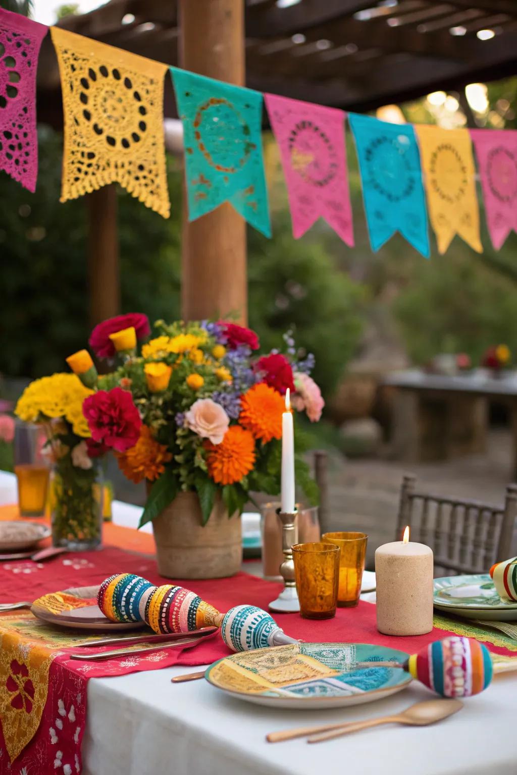 A colorful fiesta wedding table setting full of vibrant energy and fun.